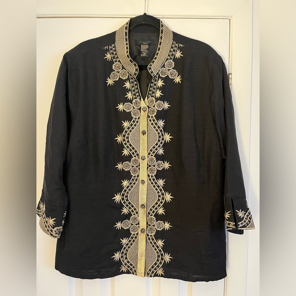SilkLand 100% Silk Black Mandarin Embroidered Jacket Blazer Top
